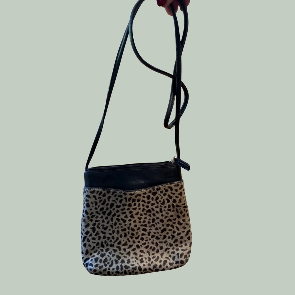 Vintage Talbots Italy Leopard Calf Hair Leather Crossbody Bag Black Y2K Small